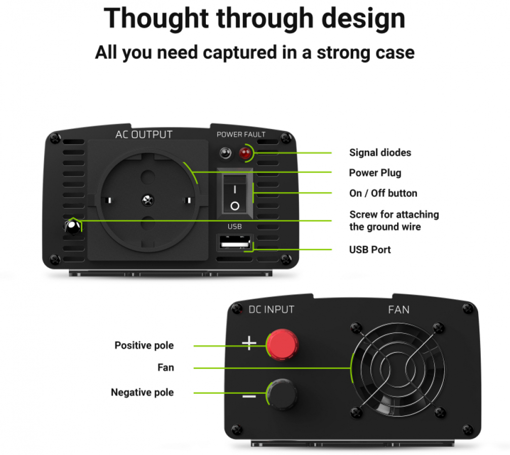 Car Power Inverter Green Cell® 12V to 230V, 500W/1000W